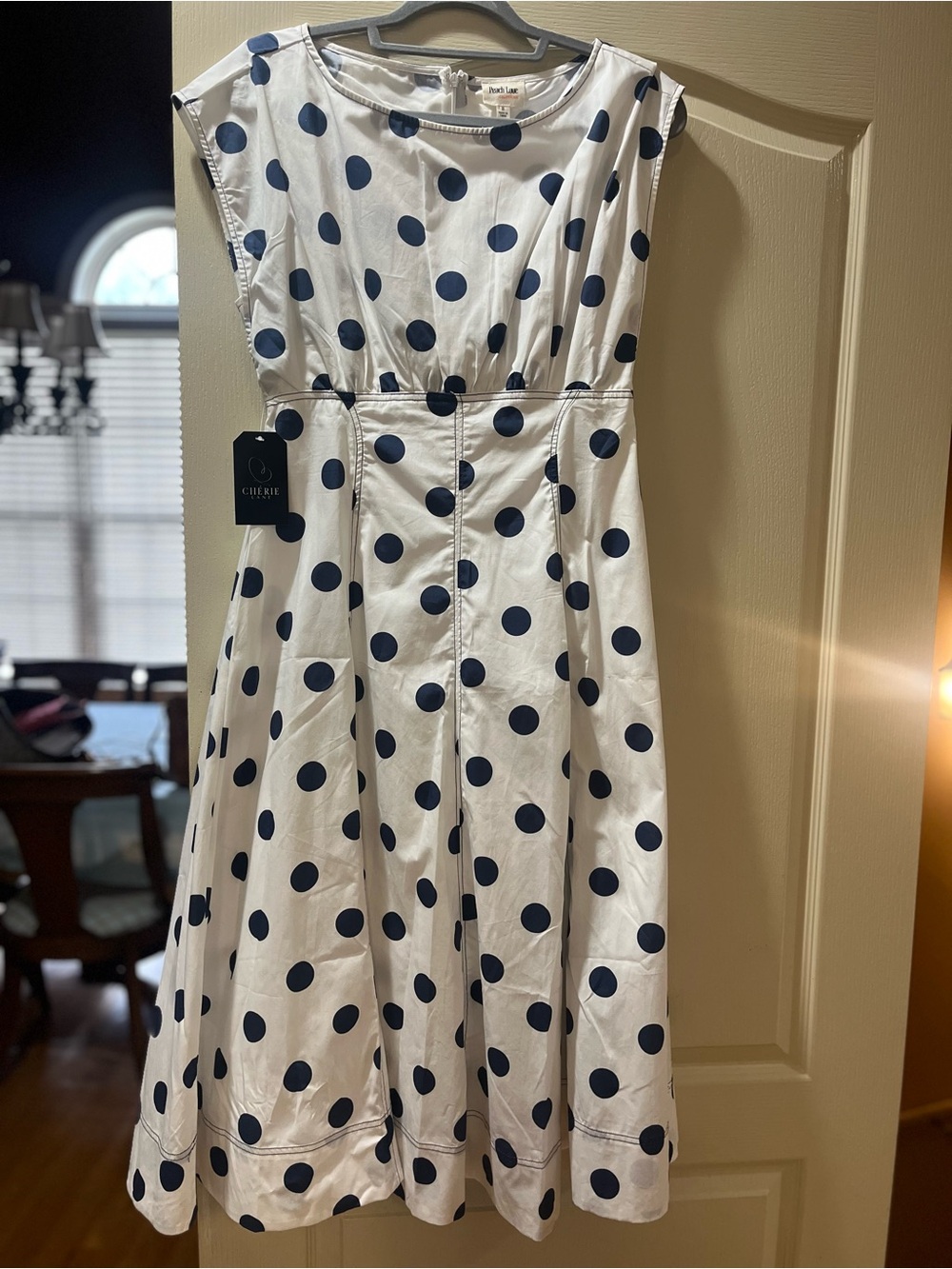 Peach Love California White and Navy Polka Dot Midi Dress